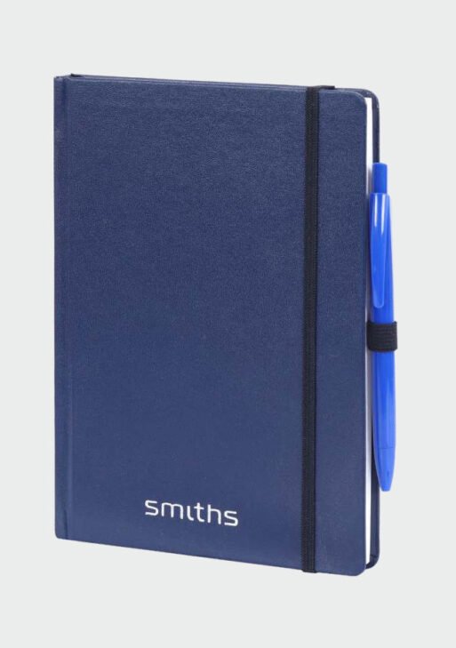 Notebook Leatherite Hard Cover Navy Blue Ribbed Pen Pocket