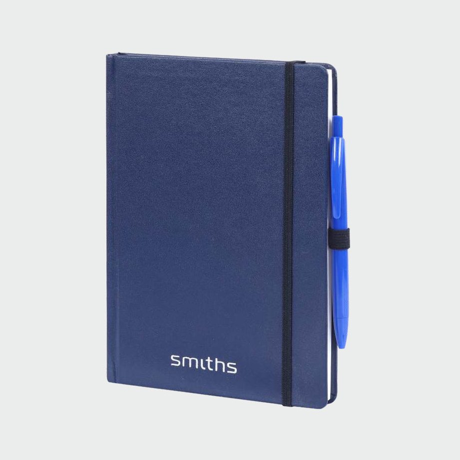 Notebook Leatherite Hard Cover Navy Blue Ribbed Pen Pocket