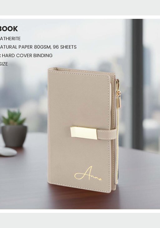 Premium Leatherite Hard Cover Zipper Notebook – Champagne Beige