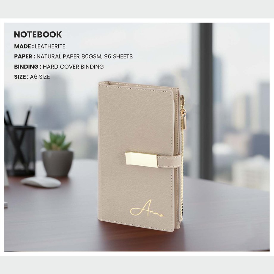 Premium Leatherite Hard Cover Zipper Notebook – Champagne Beige