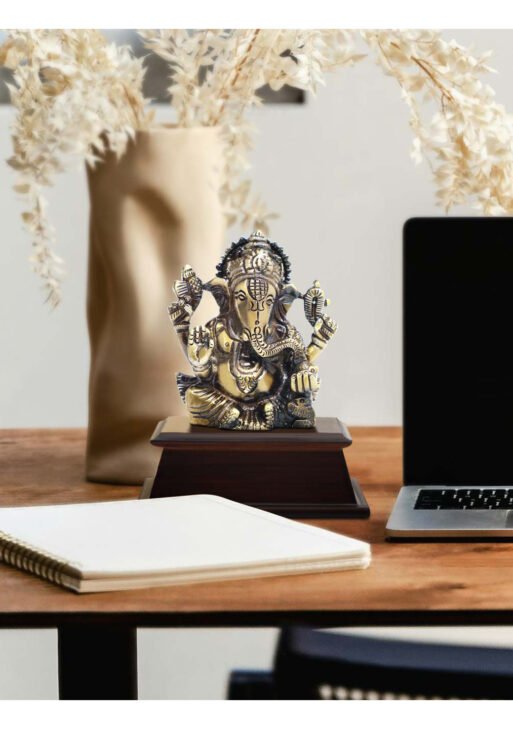 FCG Lord Ganesha Brass Statue – Gold-Tone Metal on Wooden Base (4.25" x 6")