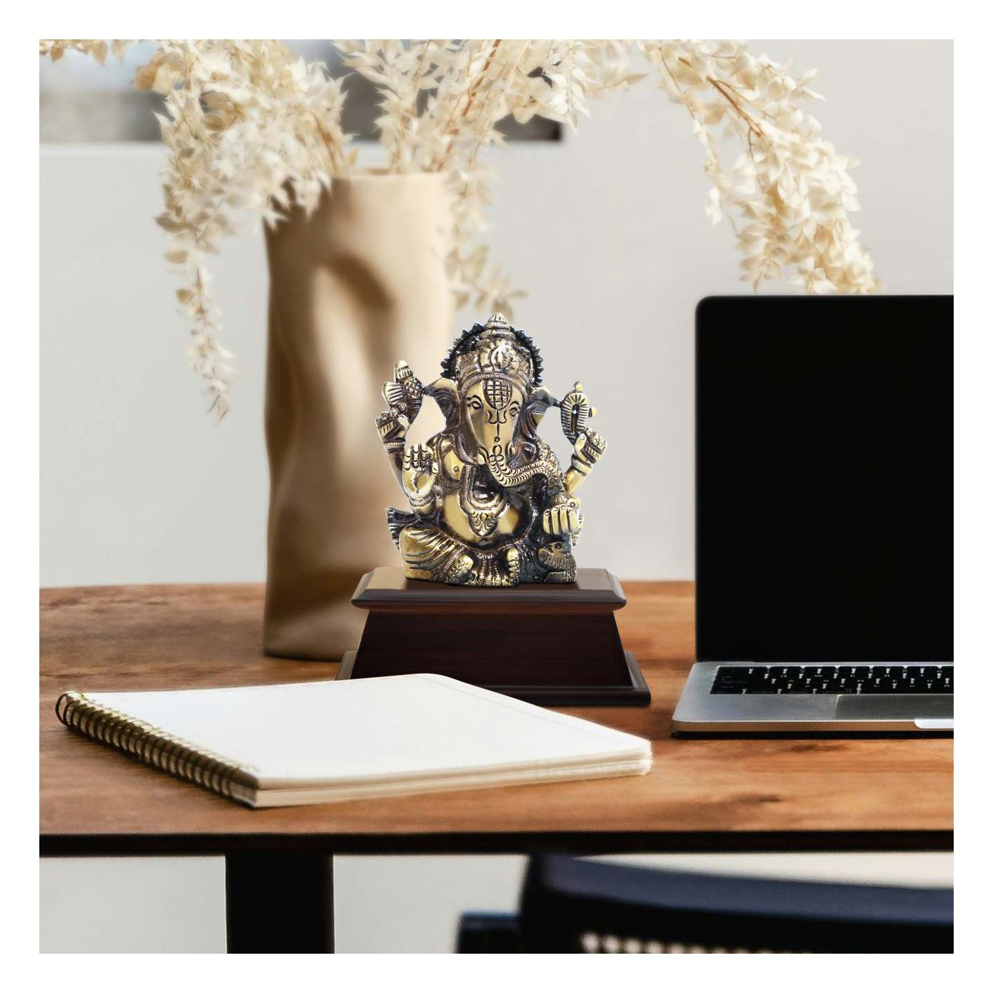 FCG Lord Ganesha Brass Statue – Gold-Tone Metal on Wooden Base (4.25" x 6")