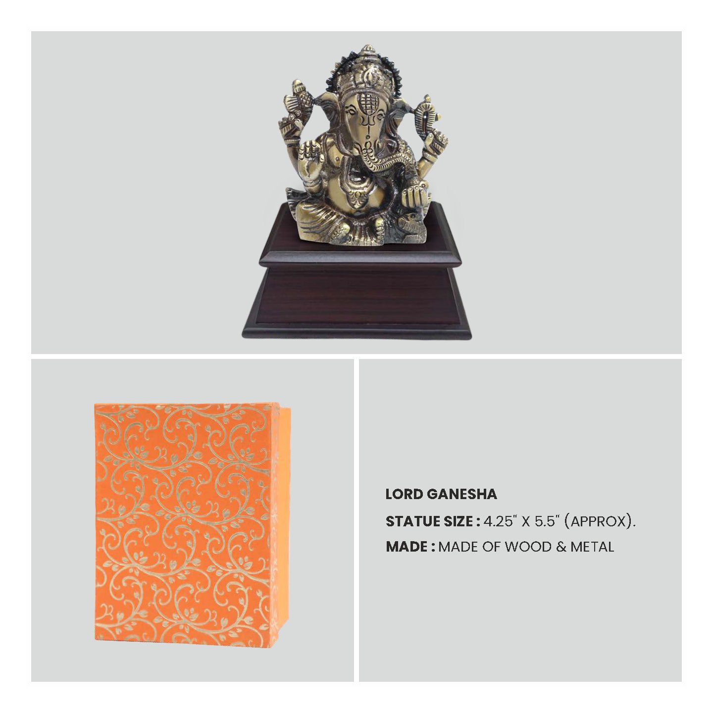 FCG Goddess Laxmi & Lord Ganesha Dual Brass Statue Set on Wooden Base