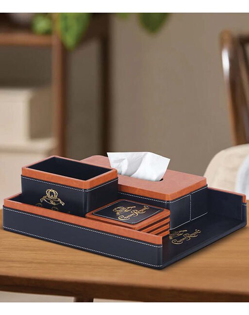 FCG Leatherite 4-Piece Desktop Gift Set Blue with Coasters