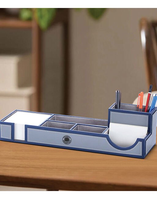 FCG Leatherite Wide Tray Desk Organizer Dual Pen Stand Navy Grey
