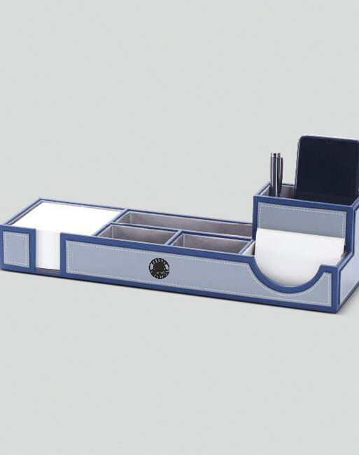 FCG Leatherite Wide Tray Desk Organizer Dual Pen Stand Navy Grey