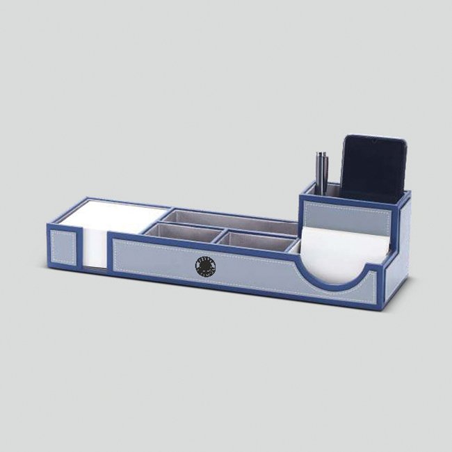 FCG Leatherite Wide Tray Desk Organizer Dual Pen Stand Navy Grey - Image 1