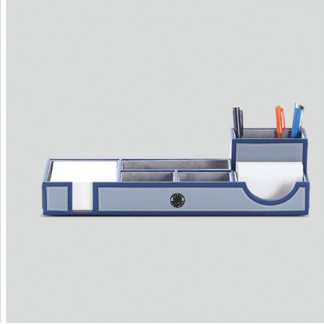 FCG Leatherite Wide Tray Desk Organizer Dual Pen Stand Navy Grey - Image 3