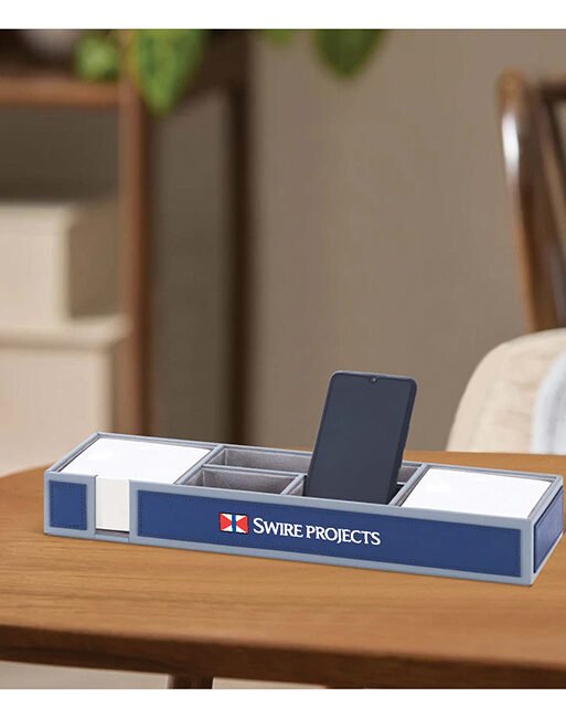 FCG Leatherite Wide Tray Desk Organizer with Pen Stand Grey Blue