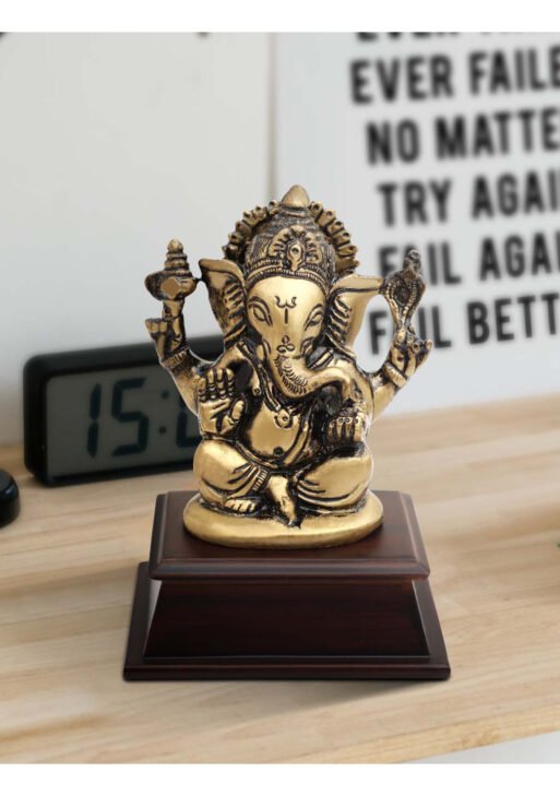 FCG Goddess Laxmi & Lord Ganesha Dual Brass Statue Set on Wooden Base