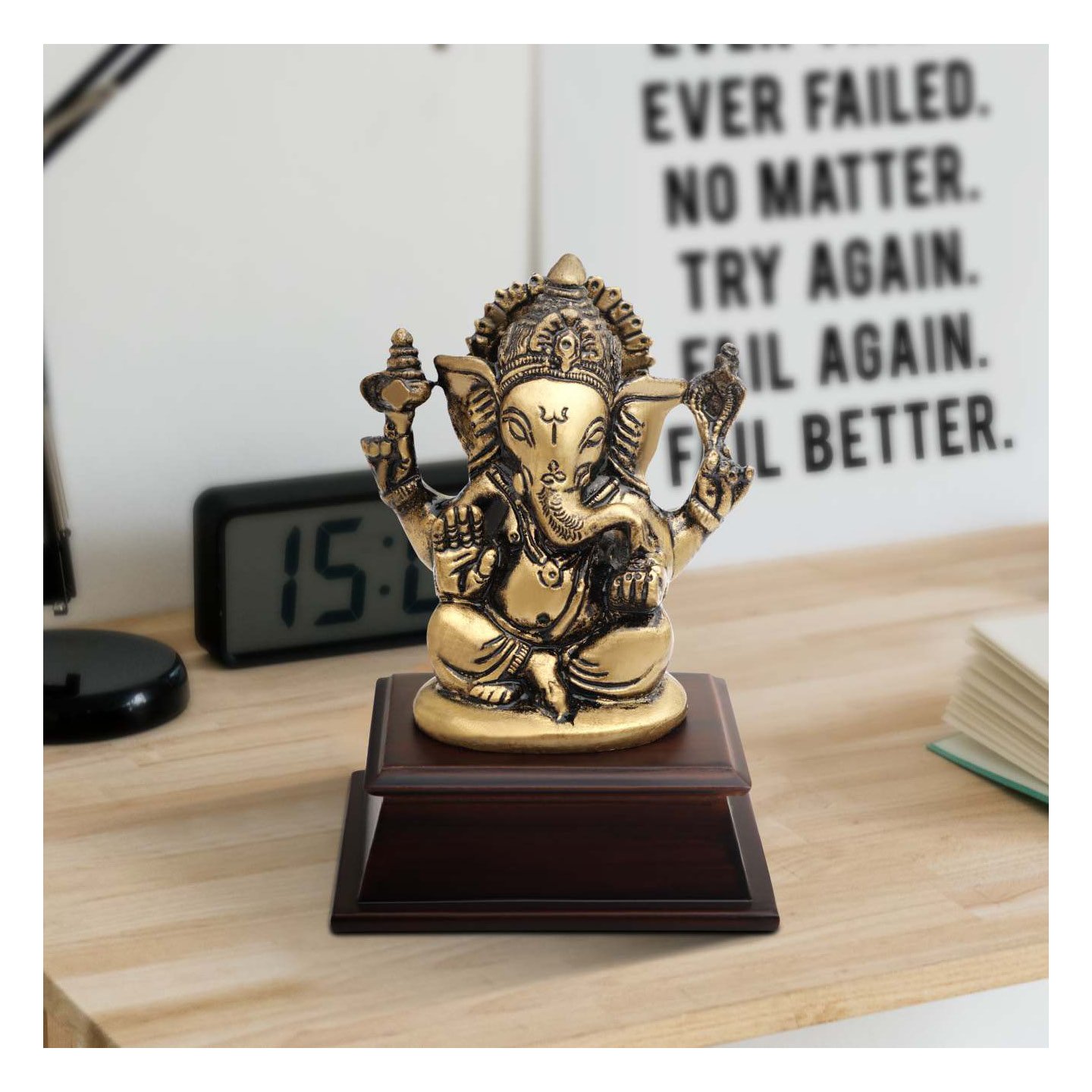 FCG Goddess Laxmi & Lord Ganesha Dual Brass Statue Set on Wooden Base