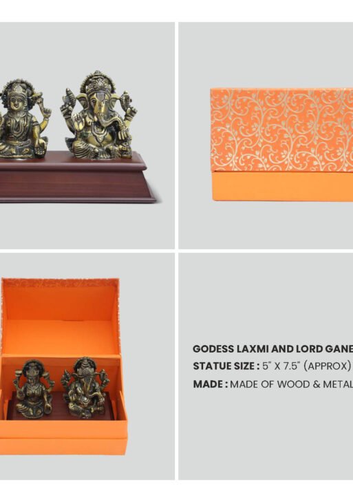 FCG Lord Ganesha Brass Statue – Gold-Tone Metal on Wooden Base (4.25" x 6")