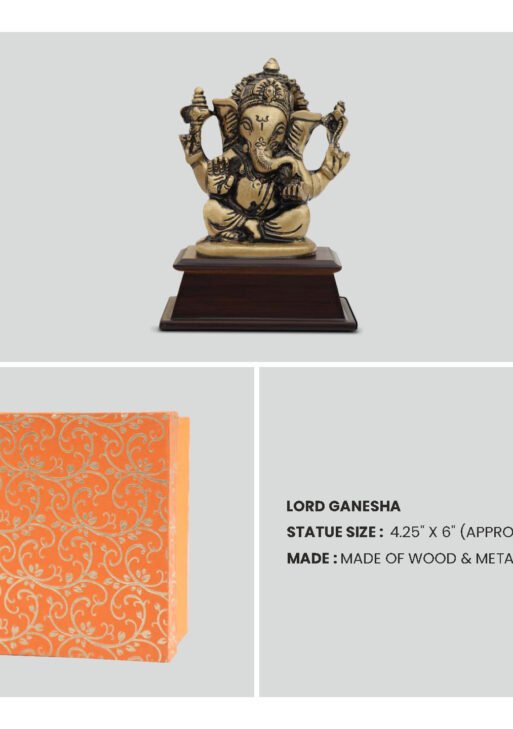 FCG Lord Ganesha Brass Statue – Gold-Tone Metal on Wooden Base (4.25" x 5.5")