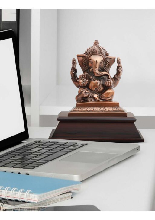 FCG Lord Ganesha Brass Statue – Gold-Tone Metal on Wooden Base (4.25" x 5.5")