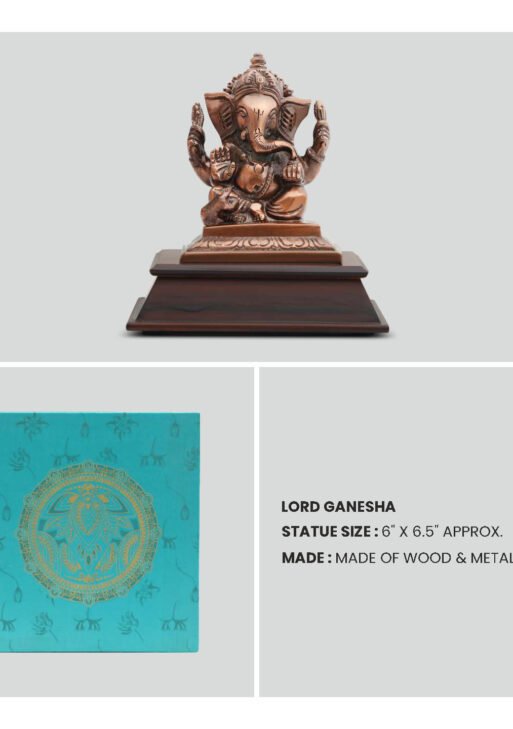 FCG Lord Ganesha Copper-Finish Brass Statue on Wooden Base (6" x 6.5")